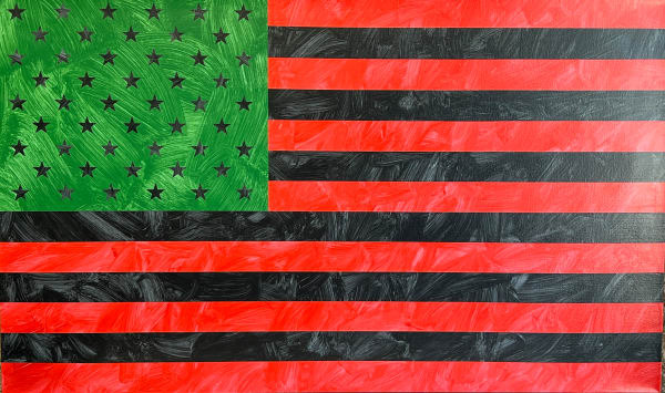 Green flag canton with black stars above alternating red and black stripes.