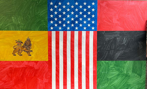 American flag reimagined with a green star field and red and black stripes.