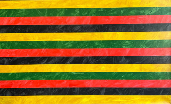 Horizontal painted bands in yellow, green, red, and black.