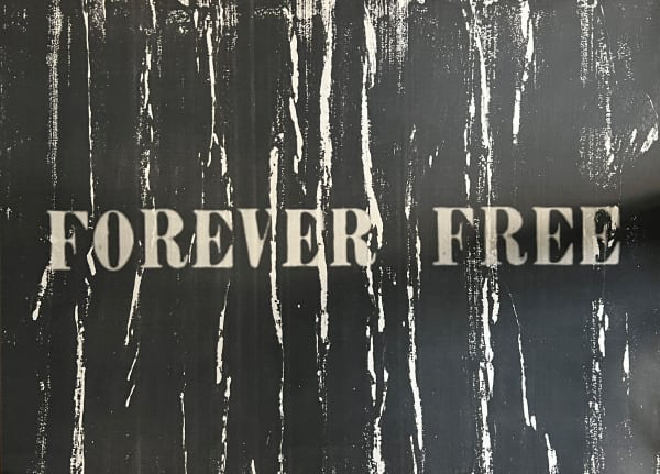 The words FOREVER FREE stenciled across a dark vertically brushed surface.