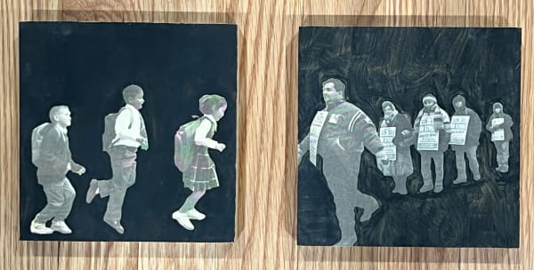 Two square panels showing schoolchildren running and a child walking toward a public gathering.