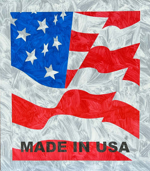 Hand-painted American flag fragments and the words Made In USA on a silver ground.